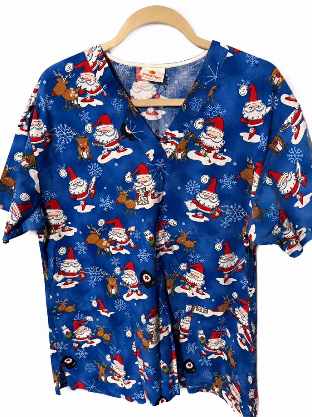 Christmas Santa and Reindeer Scrub Top Shirt M/L